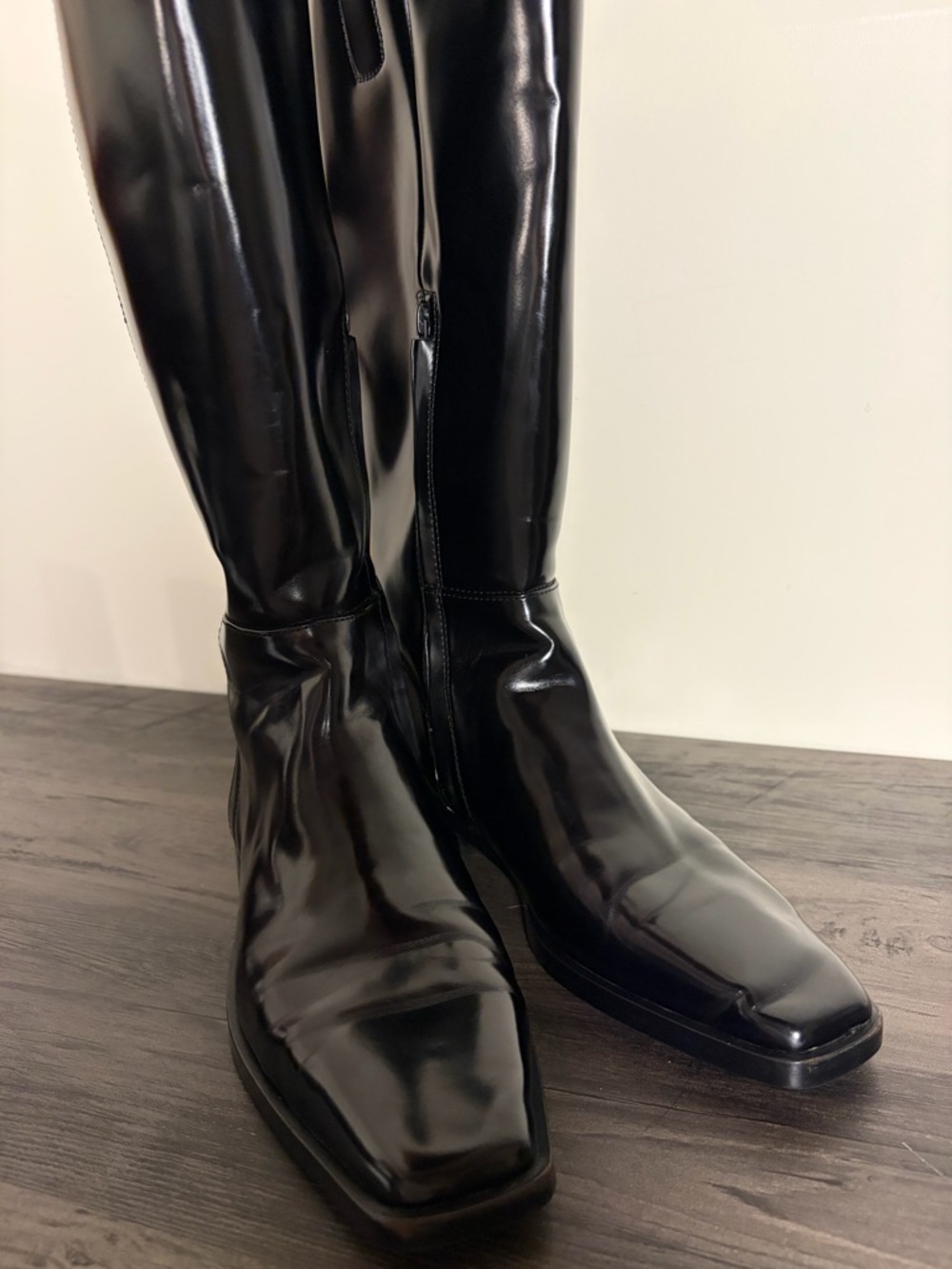 Sam Edelman Cesar Riding Boots Size 7.5 Black Shiny Square Toe Knee High Witchy - Picture 6 of 10